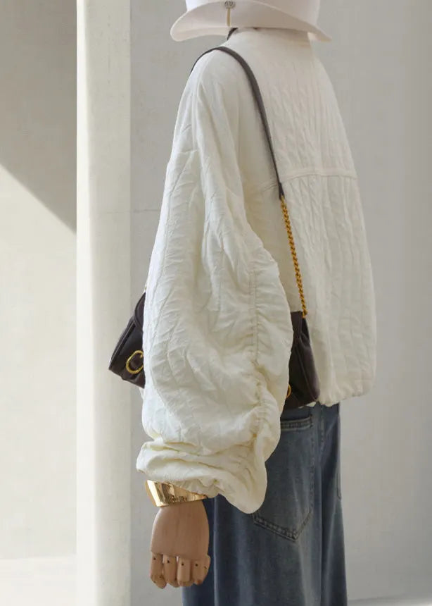 Beige Zip Up Drawstring Loose Cotton Jackets Lantern Sleeve