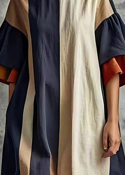 Loose Colorblock O-neck Patchwork Cotton Dress Flare Sleeve
