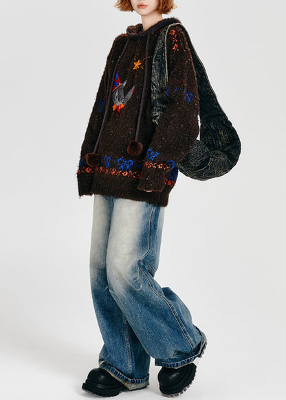 Choaolate Hooded Cat Embroidered Knit Loose Sweatshirt Winter