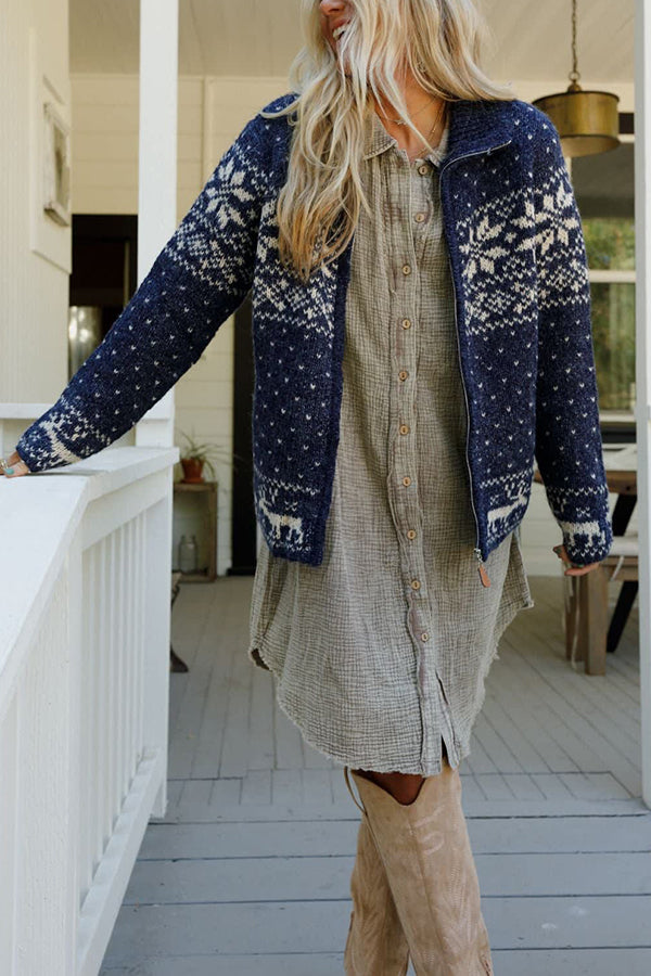 Christmas Snowflake Moose Zip Long-Sleeve Sweater