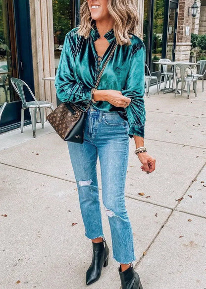 European and American Style Blue Ruffled Velour Top Spring