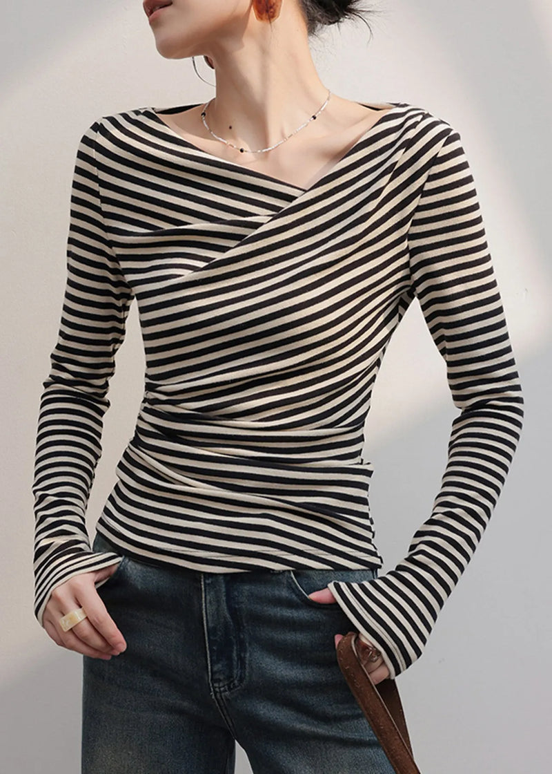 Black Cold Shoulder Striped Cotton Shirt Tops Fall