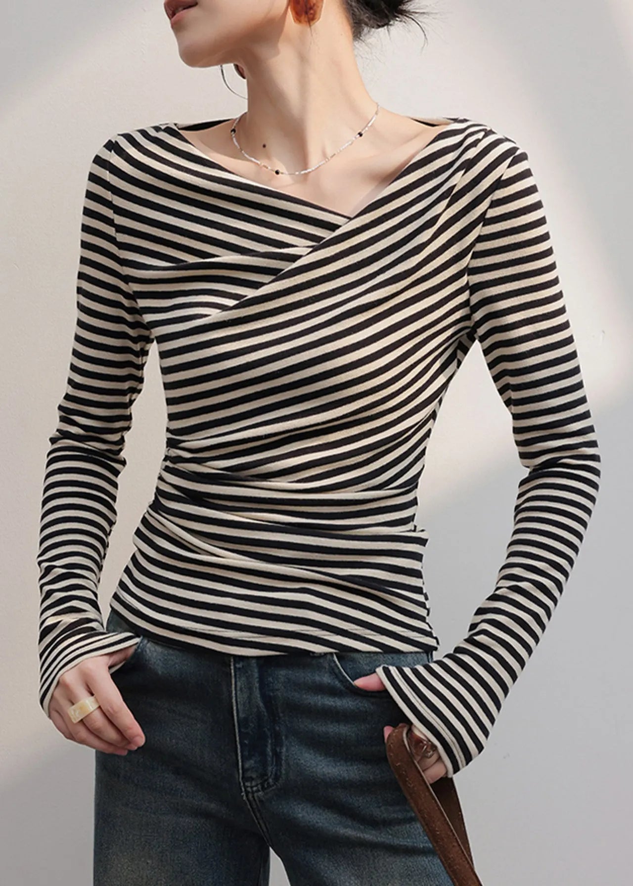 Black Cold Shoulder Striped Cotton Shirt Tops Fall