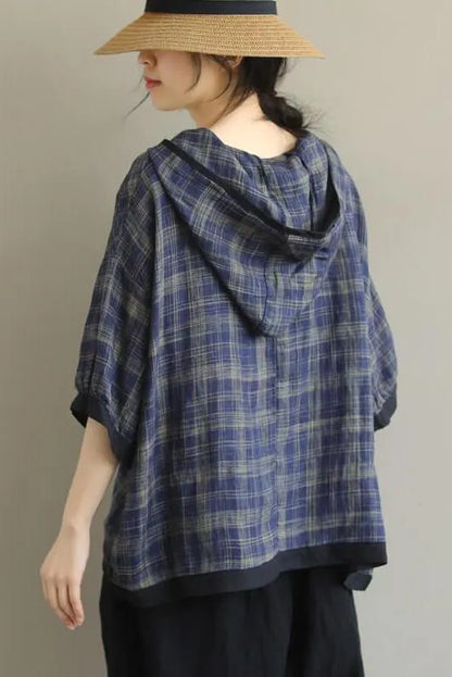 Cotton Plaid Hooded Color Patchwork T-shirt