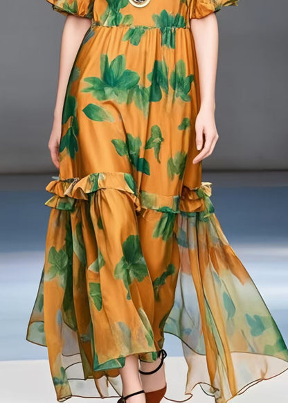Unique Orange Ruffled Print Chiffon Long Dresses Summer