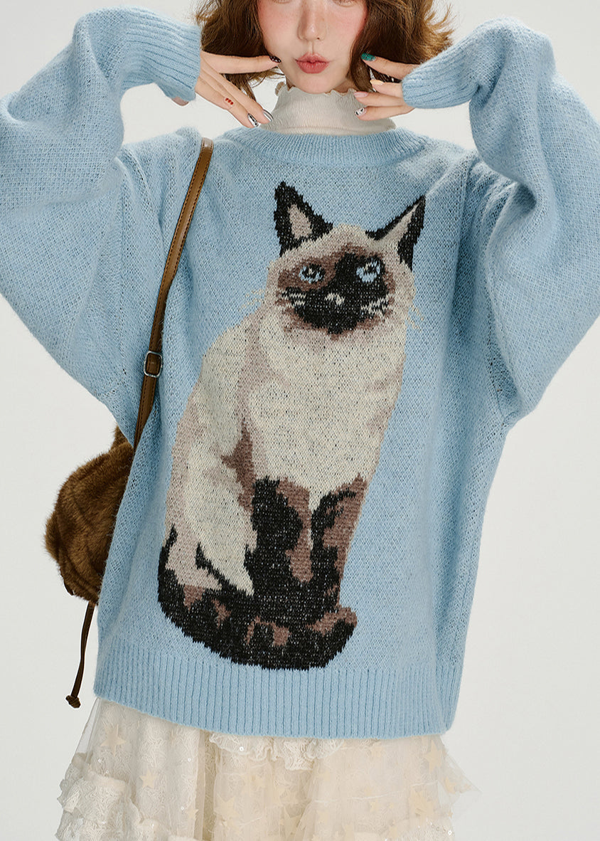 Blue Oversized Dog Jacquard Knit Sweater Tops Winter