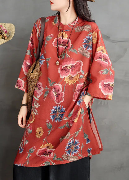 Red Button Print Linen Shirt Dresses Stand Collar Bracelet Sleeve