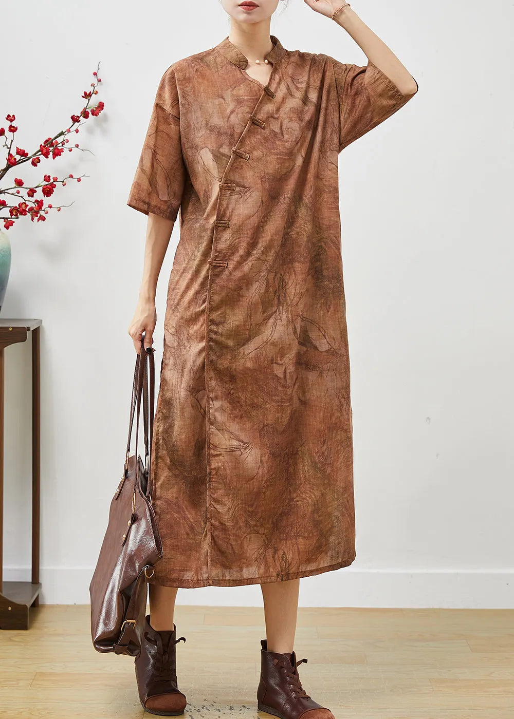 Khaki Tie Dye Linen Long Dresses Chinese Button Summer