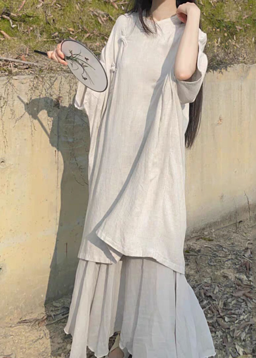 Beige Stand Collar Oriental Button Linen Long Dress Bracelet Sleeve