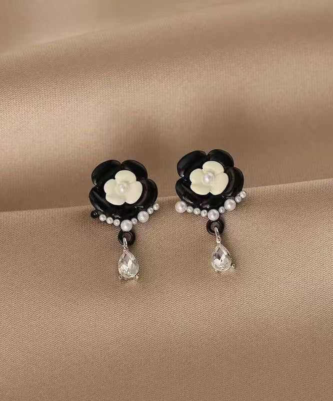 Black Alloy Pearl Crystal Tassel Drop Earrings