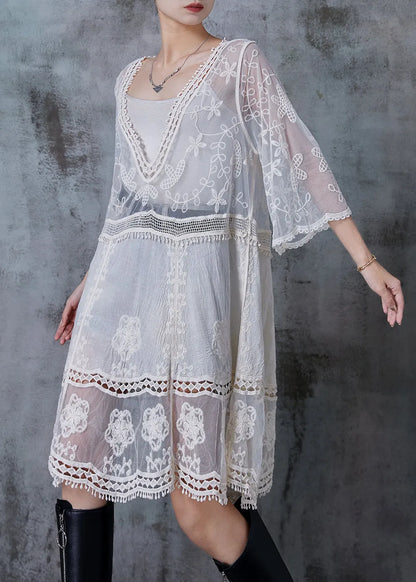 White Embroidered Patchwork Tulle Dresses Summer