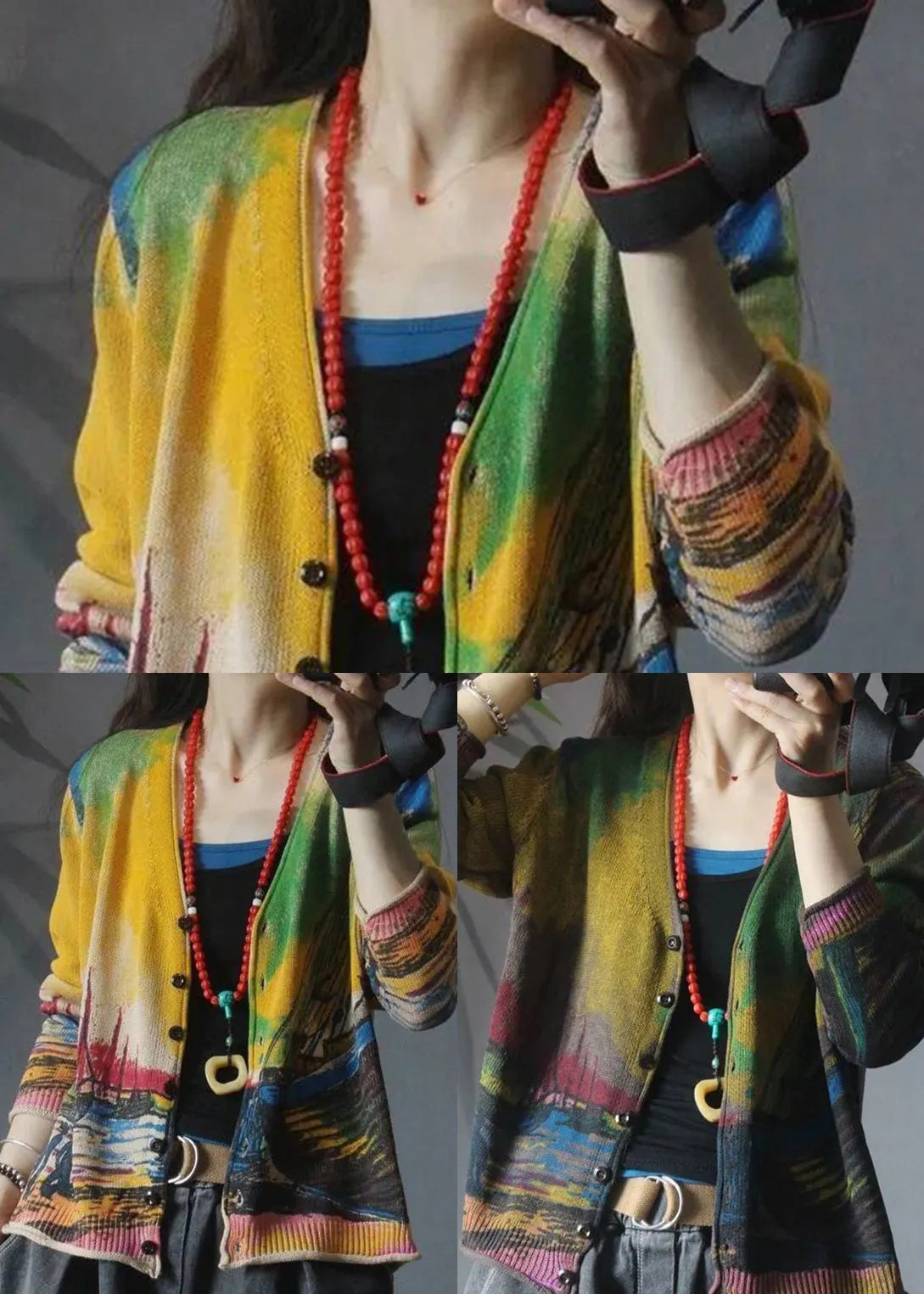 Yellow V Neck Print Knit Loose Cardigan Spring