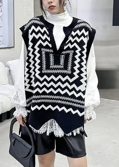 Black White Print V Neck Asymmetrical Thick Cotton Knit Waistcoat Sleeveless