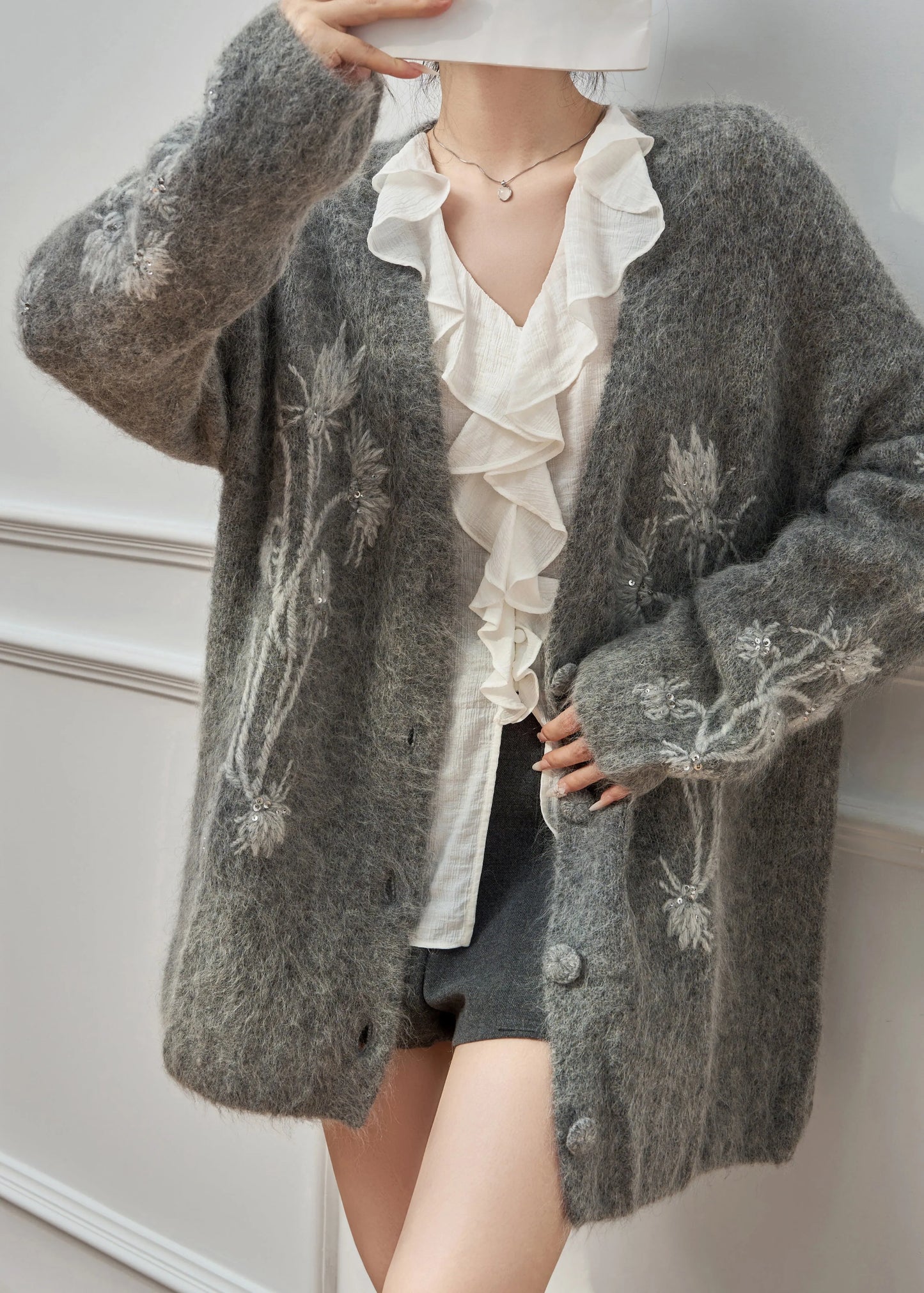 Boutique Grey Embroidered Sequins Cotton Knit Cardigan Spring