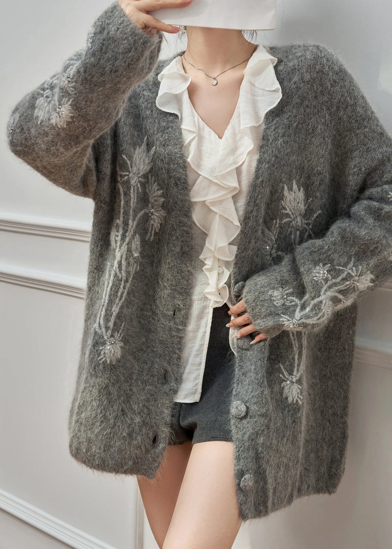 Boutique Grey Embroidered Sequins Cotton Knit Cardigan Spring