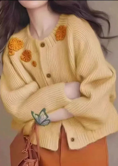 French Yellow Decorated Thick Knit Cardigan Winter