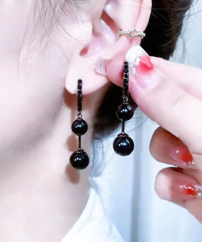 Black Alloy Inlaid Gem Stone Drop Earrings