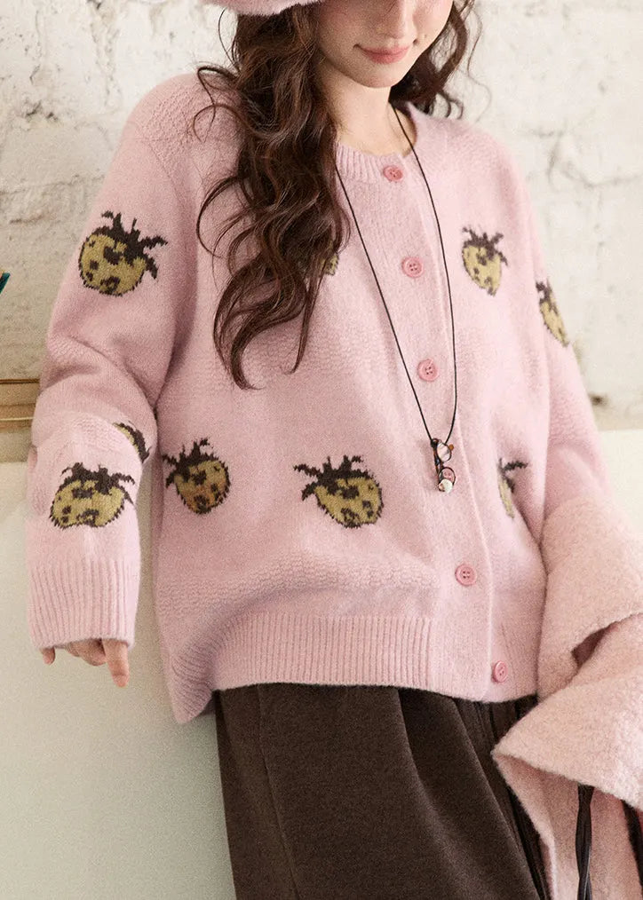Pink O-neck Patchwork Cotton Knit Cardigans Fall