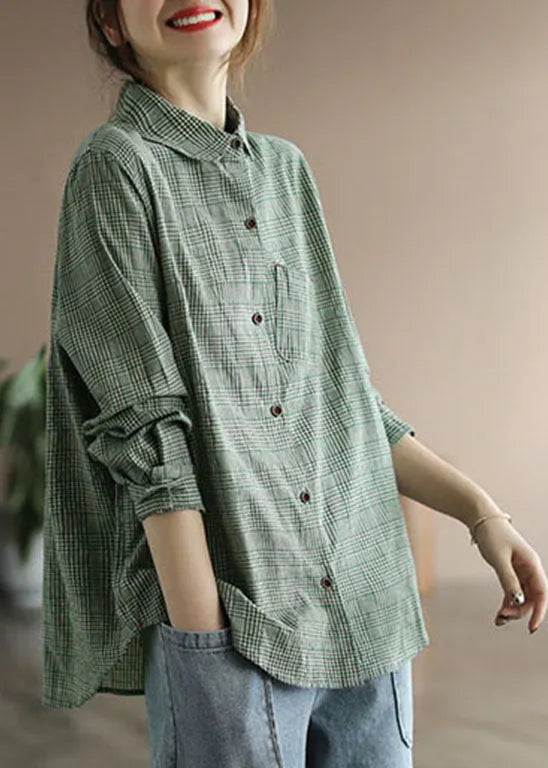 Green Button Peter Pan Collar Cotton Shirt Tops Long Sleeve