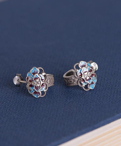Silk Sterling Silver Cloisonne Peony Flower Stud Earrings