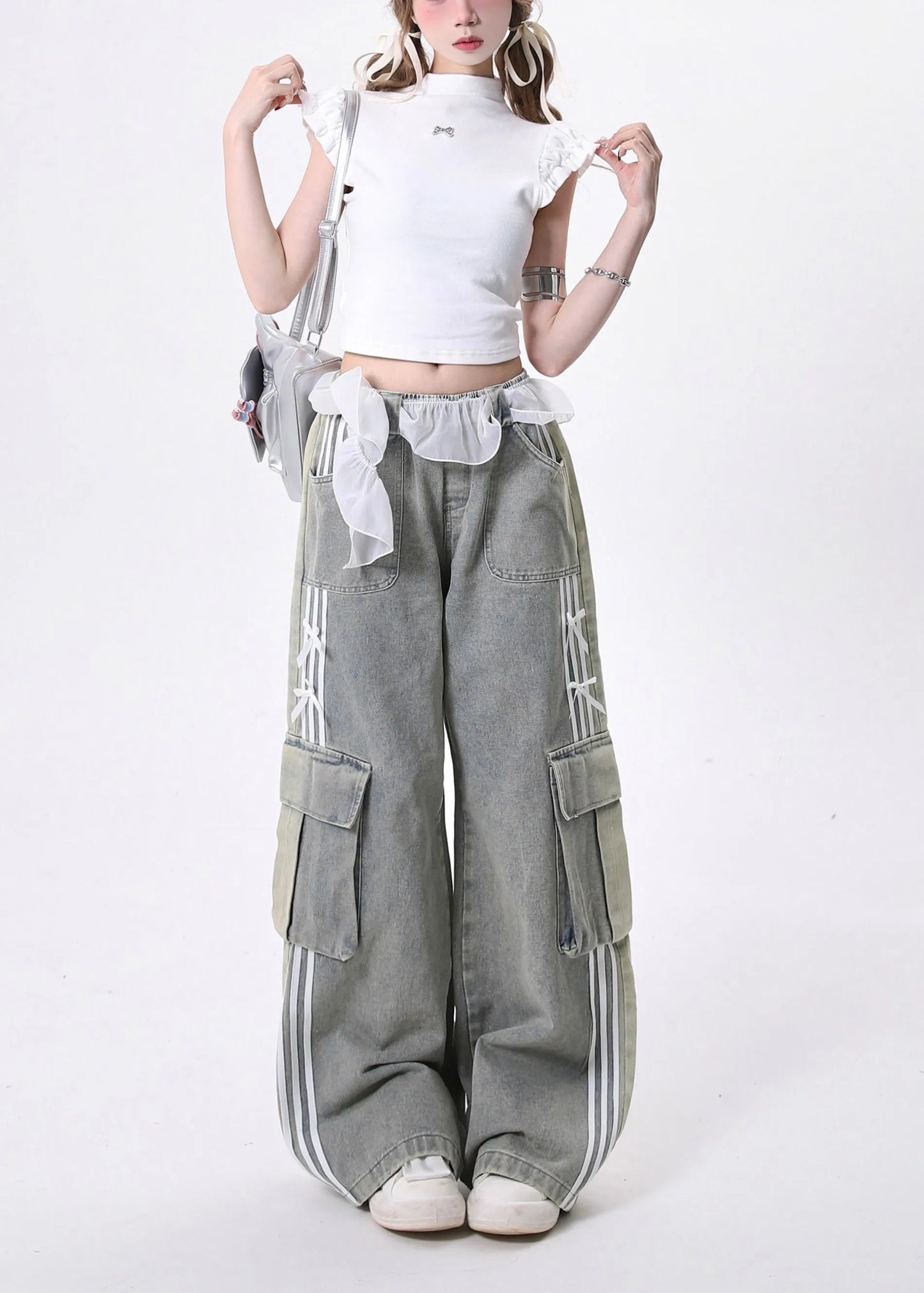 Modern Light Blue Elastic Waist Pockets Denim Pants Spring