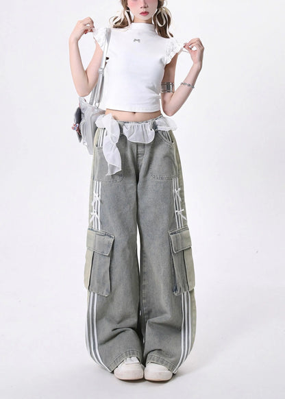 Modern Light Blue Elastic Waist Pockets Denim Pants Spring