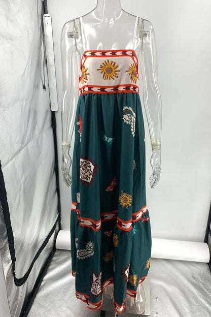 Vacation Graffiti Print Patchwork Square Neck Sling Dresses