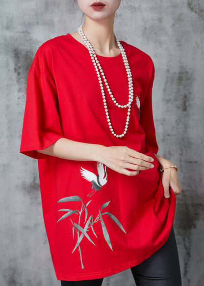Red Oversized Red-crowned Crane Print Cotton Tops Summer