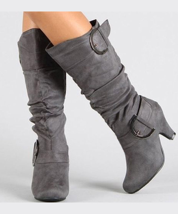 American Style Red Zippered Splicing Chunky Suede Boots Pointed Toe