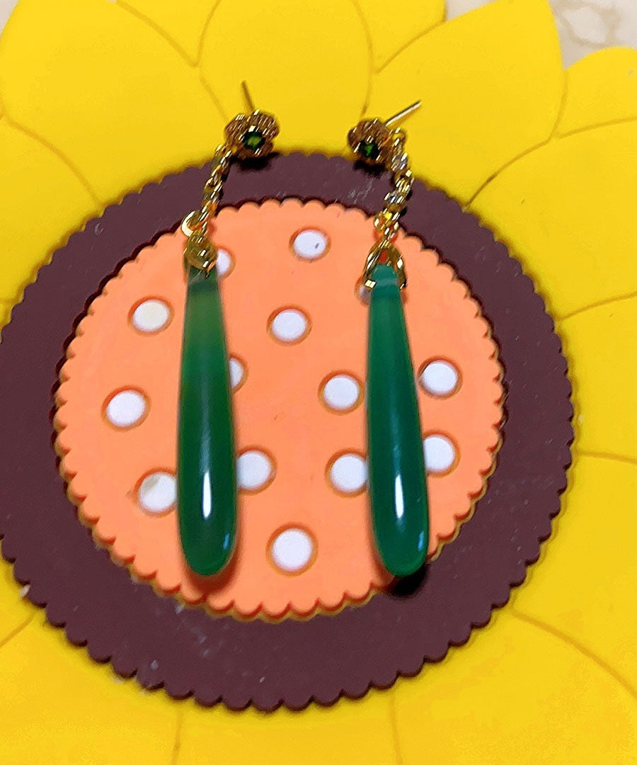 Green Sterling Silver Green Agate Water Drop Tassel Drop Earrings