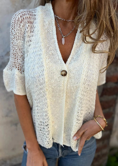 Organic White V Neck Hollow Out Knit Tops Summer