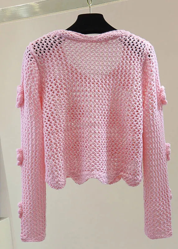 Brief Pink Hollow Out Cotton Knit Sweaters Spring