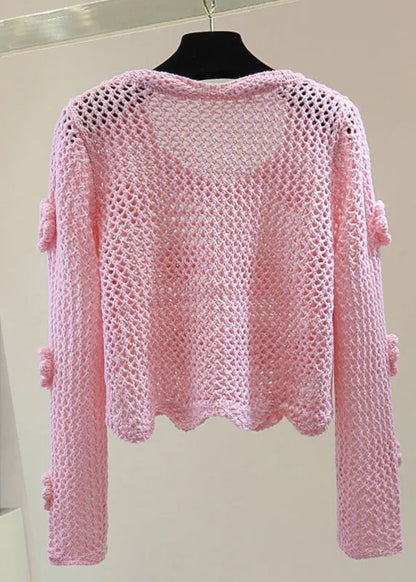 Brief Pink Hollow Out Cotton Knit Sweaters Spring