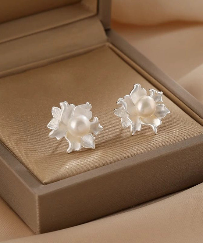 Classy White Sterling Silver Pearl Dripping Glaze Stud Earrings