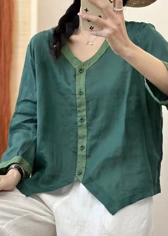 Green V Neck Asymmetrical Patchwork Linen Shirt Summer