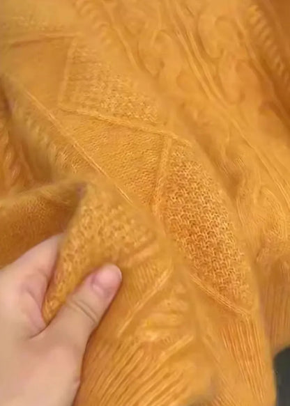 Orange V Neck Thick Cable Knit Sweater Winter