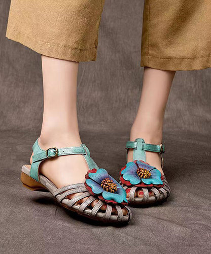 Comfy Splicing Wedge Sandals Grey Cowhide Leather Hollow Out