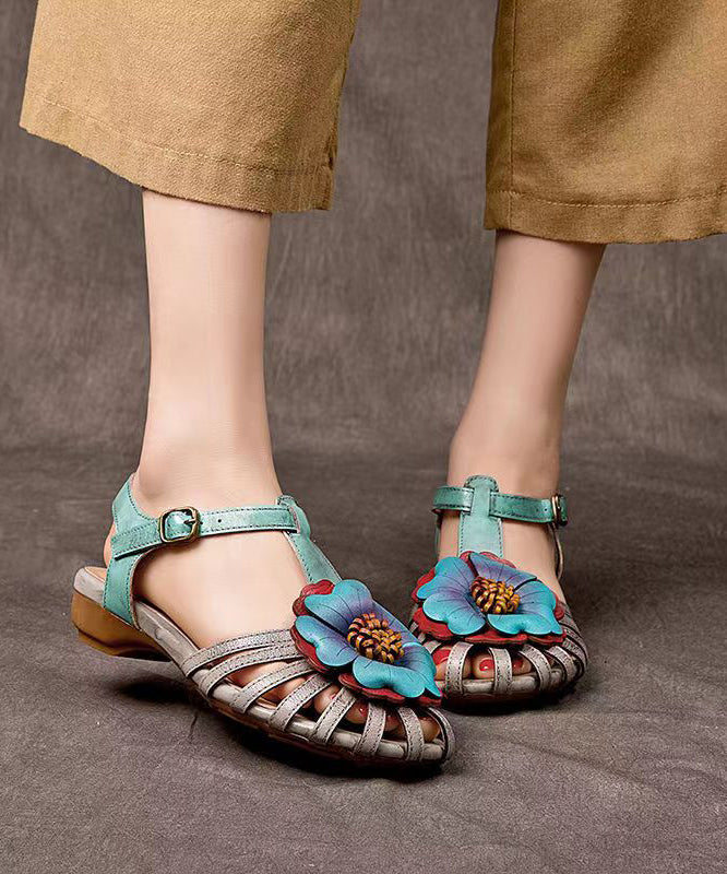 Comfy Splicing Wedge Sandals Grey Cowhide Leather Hollow Out