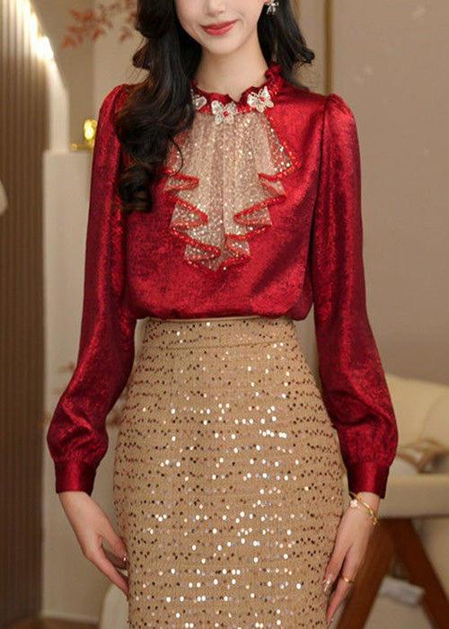 Red Ruffled Sequins Patchwork Silk Blouse Tops Fall
