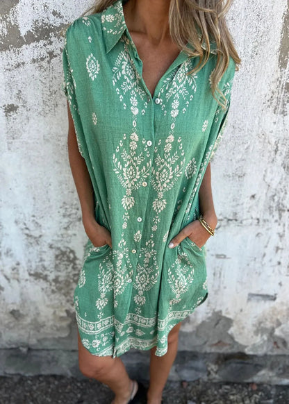 Beige Peter Pan Collar Print Cotton Shirts Dress Summer