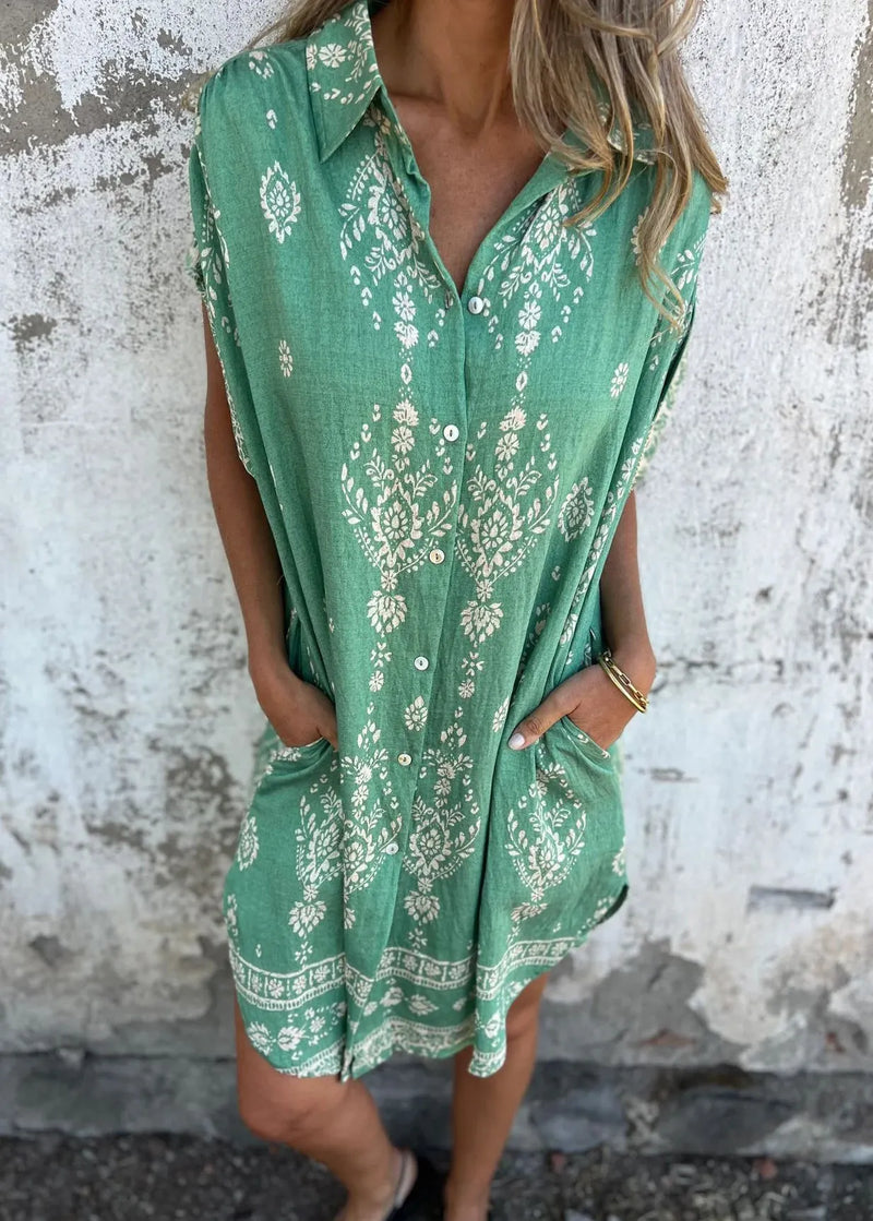 Beige Peter Pan Collar Print Cotton Shirts Dress Summer