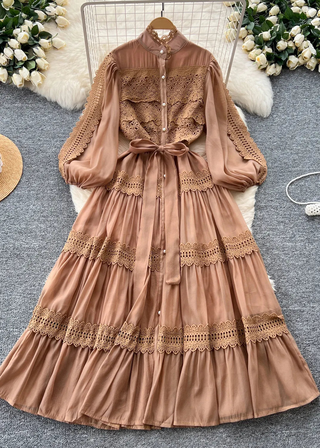 Classy Champagne Tie Waist Patchwork Lace Dresses Spring