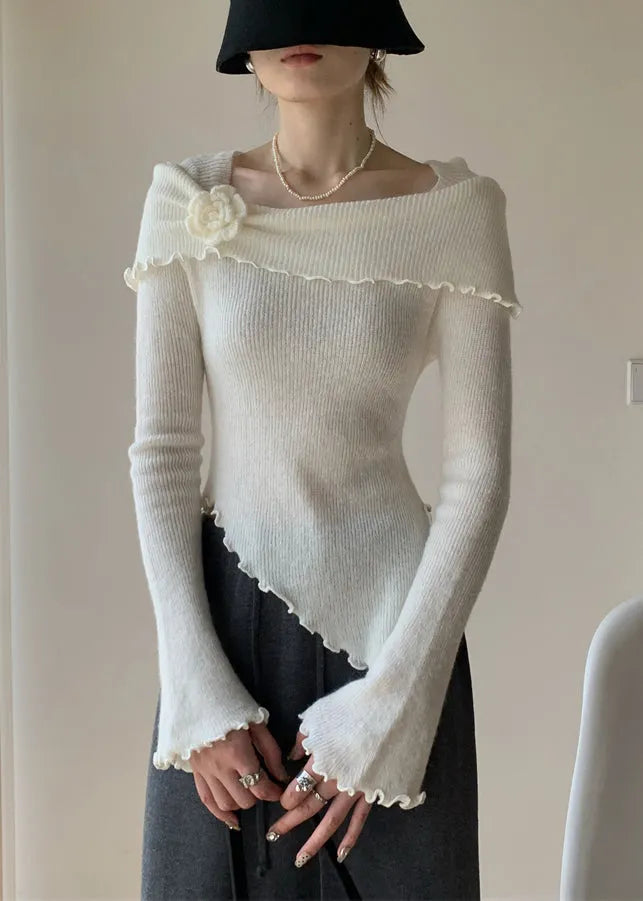 Slim Fit White Asymmetrical Knitting Cotton Sweaters Fall