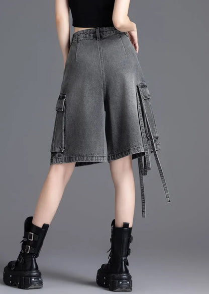 Grey Oversized Pockets Denim Crop Pants Summer