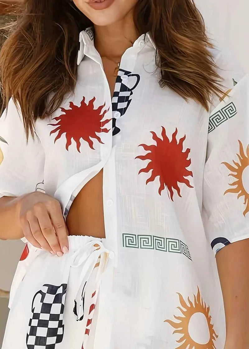 White Printed Shirt and Shorts Collar Set for