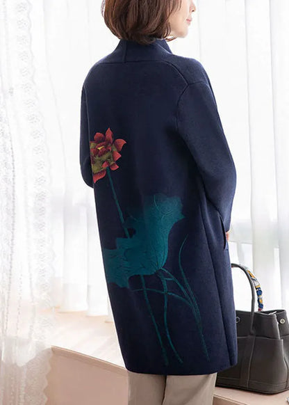 Modern Navy Pockets Print Woolen Cardigans Long Sleeve