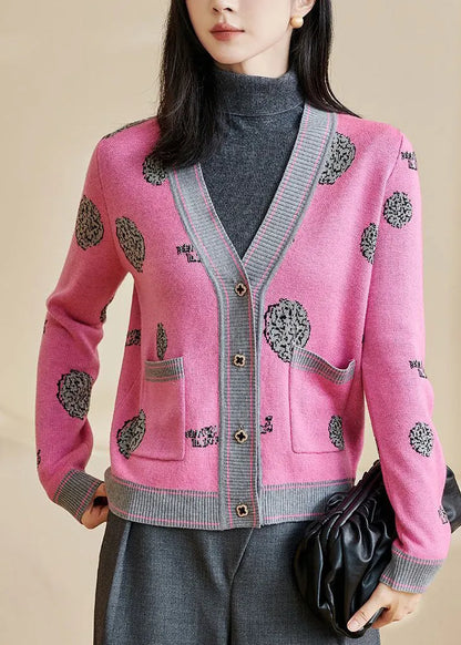 Pink Print Button Cotton Knit Cardigans Long Sleeve