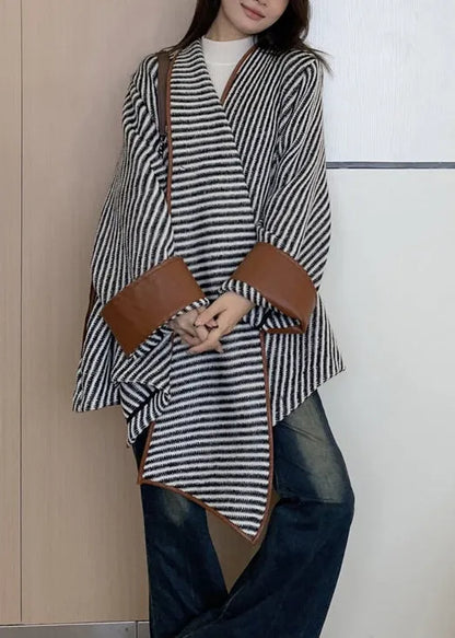 Loose Striped Asymmetrical Patchwork Woolen Coat Fall