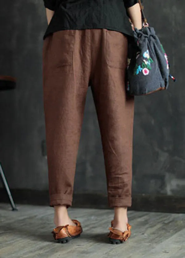 Chocolate Pockets Linen Harem Pants Elastic Waist Summer
