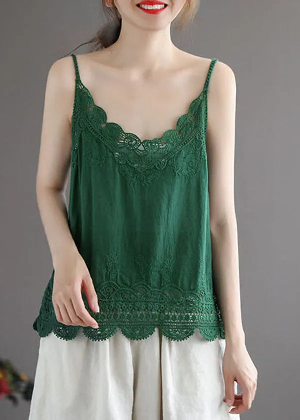 Green Cotton Spaghetti Strap Tops Hollow Out Summer